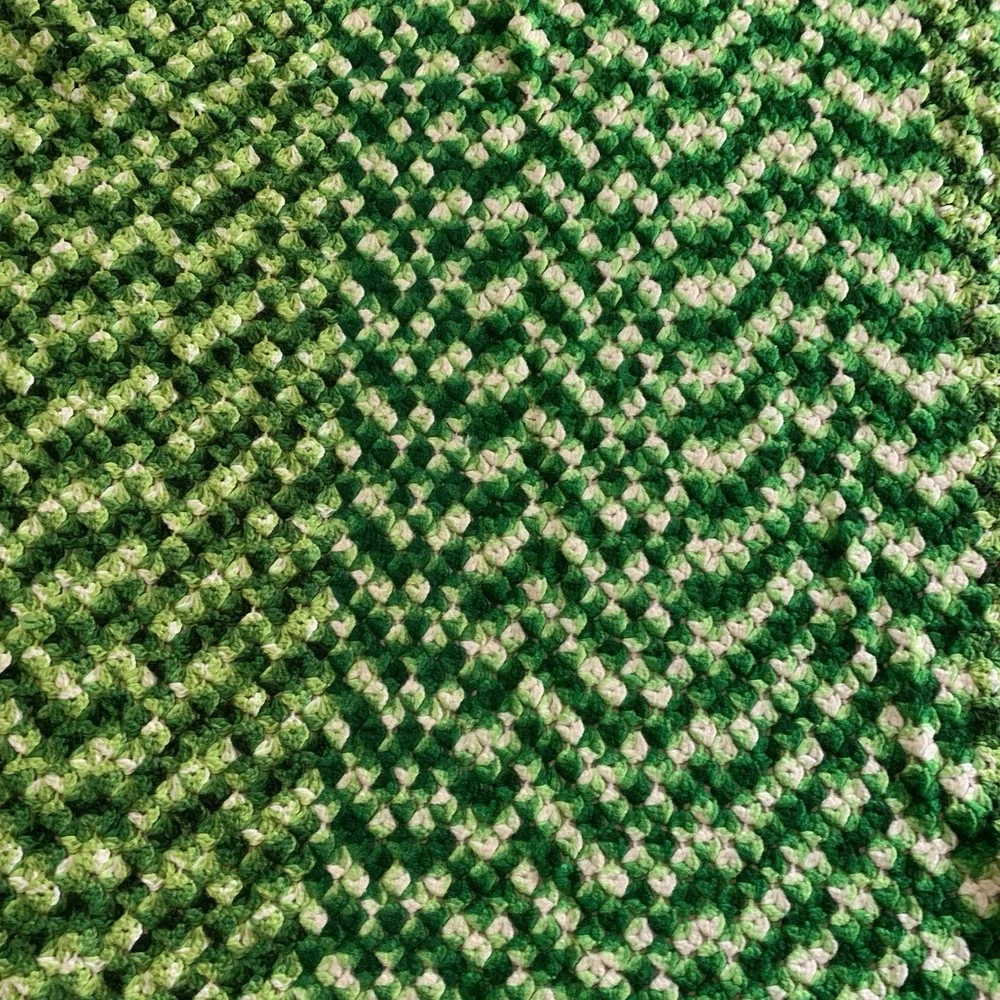 Handmade Crochet Afghan Throw 84x49 Shades Of Green White Textured Squares